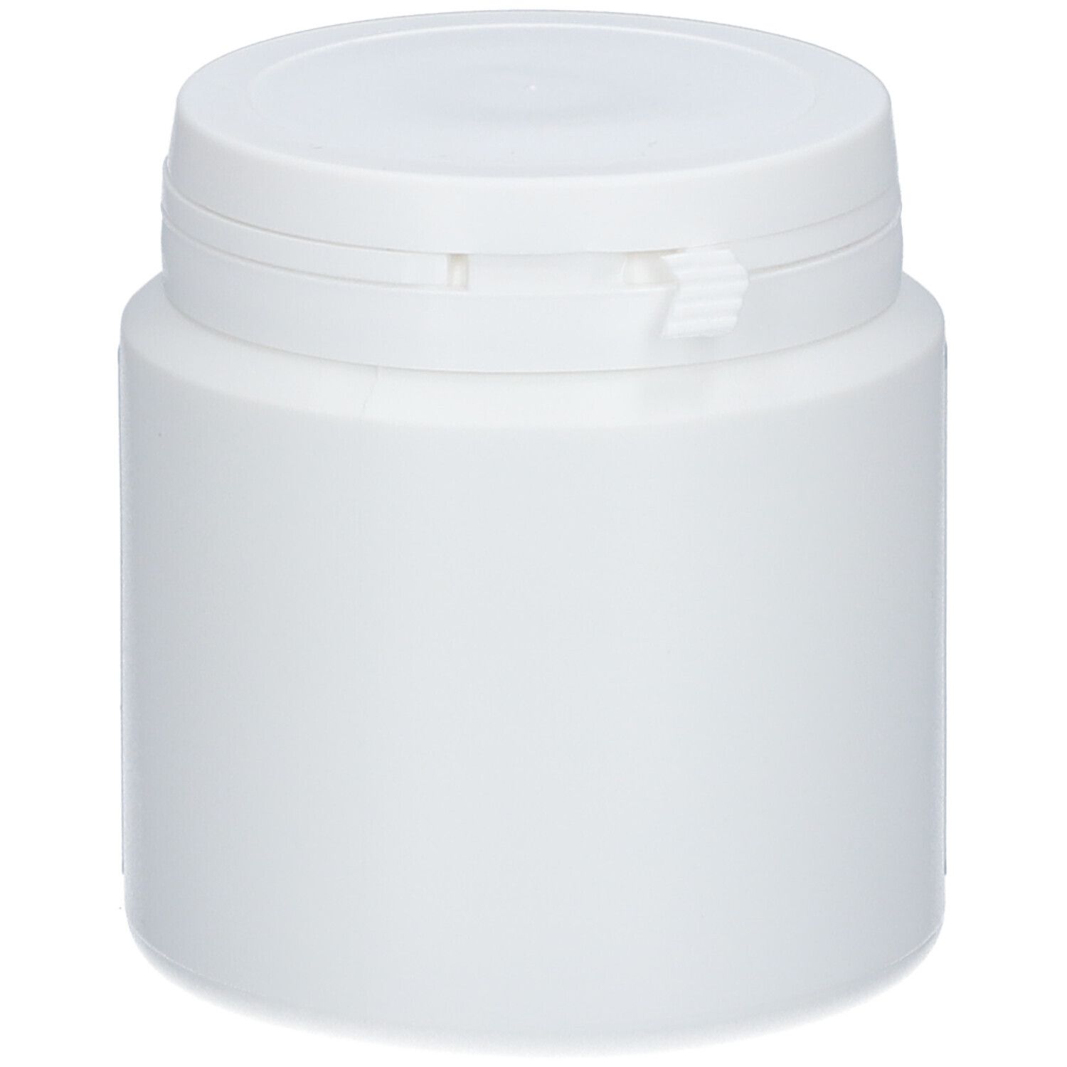Witte, cilindervormige pot met deksel. Geen opschrift zichtbaar.