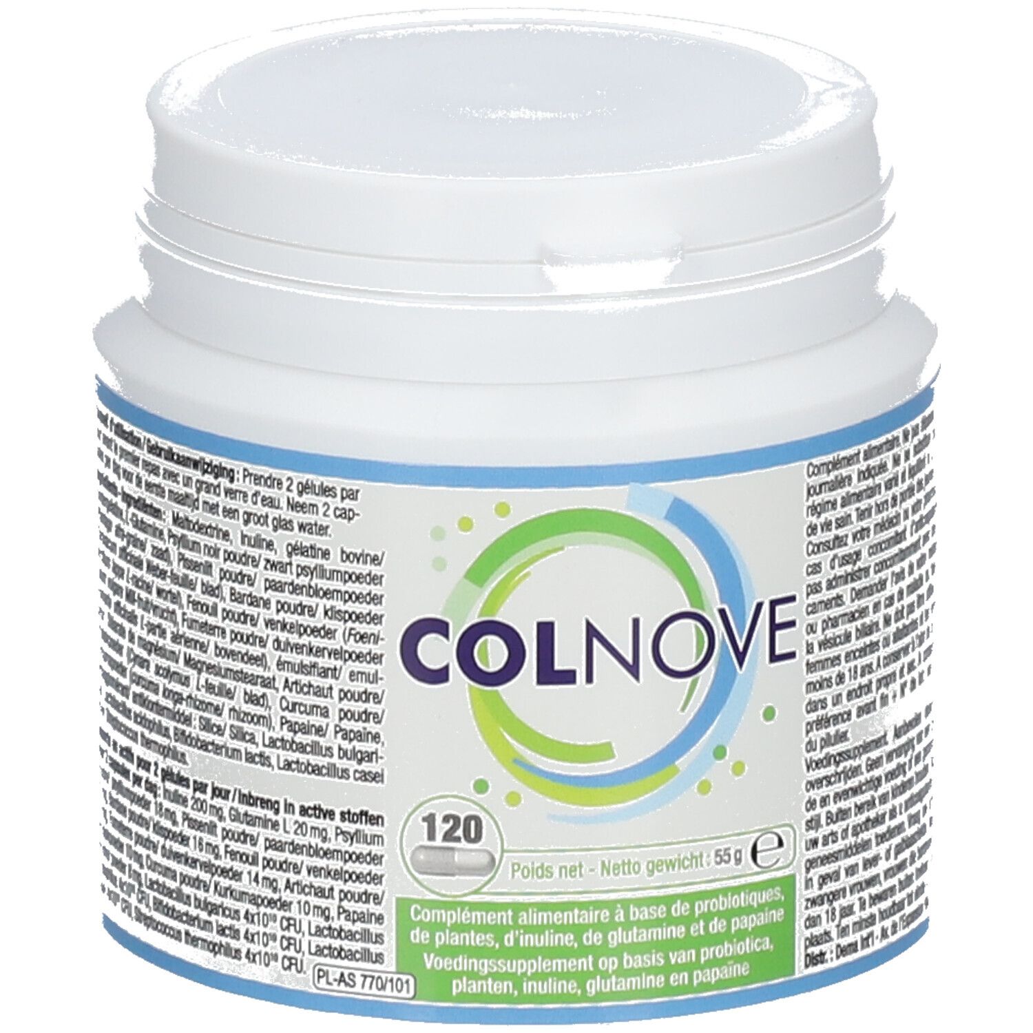 Witte Colnove-pot met blauwgroene etikettering. Bevat 120 capsules. Opschrift: Colnove.