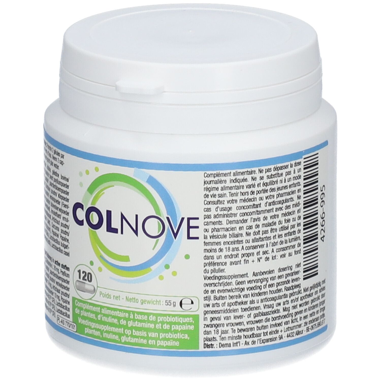 Witte Colnove-pot met blauwgroene etikettering. Bevat 120 capsules. Opschrift: Colnove.