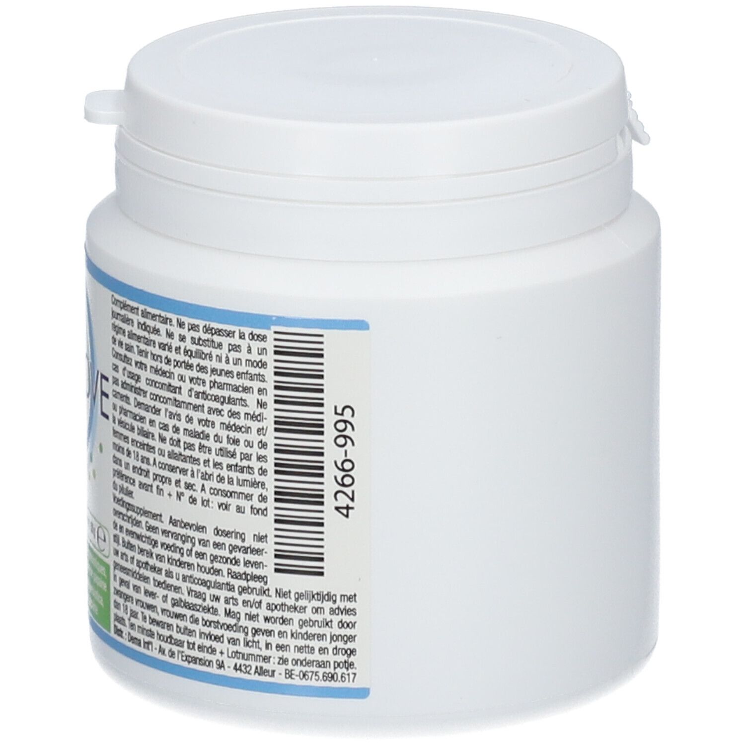 Witte Colnove-pot, achteraanzicht. Blauwe en groene etikettering met tekst en barcode. Opschrift: 4266-995.