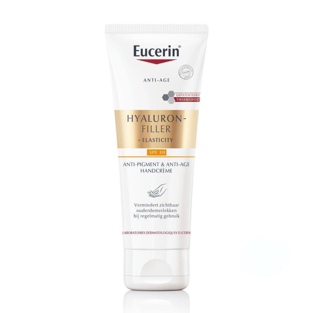 Eucerin handcrème, tube. Anti-Pigment & Anti-Age Handcrème. Witte tube met rode en gouden tekst.