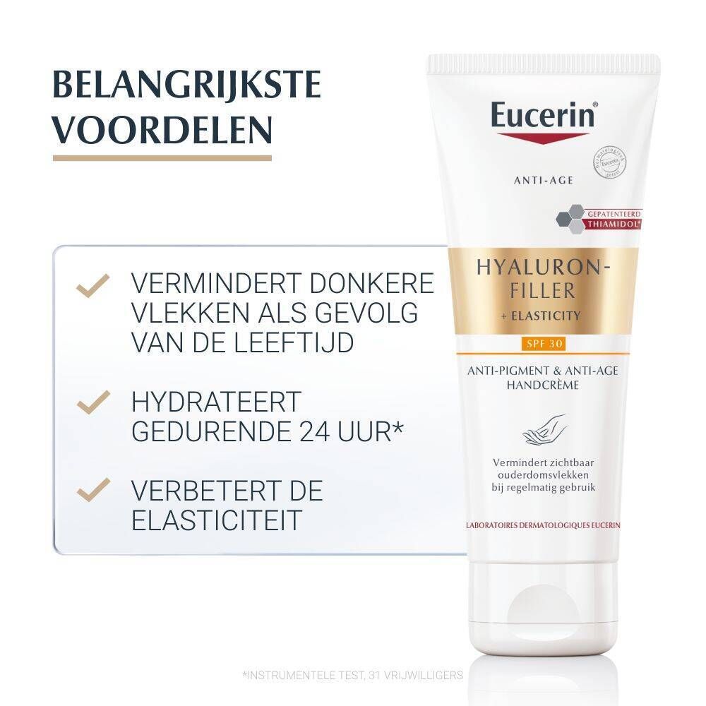 Eucerin handcrème, voordelen. Vermindert donkere vlekken, hydrateert 24u, verbetert elasticiteit. Tekst.