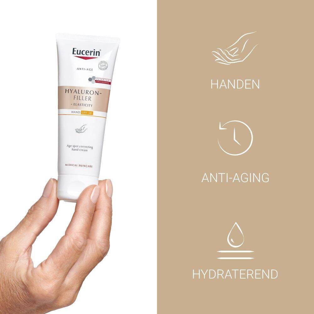 Handcrèmetube in hand. Handen, anti-aging, hydraterend. Beige achtergrond met iconen.