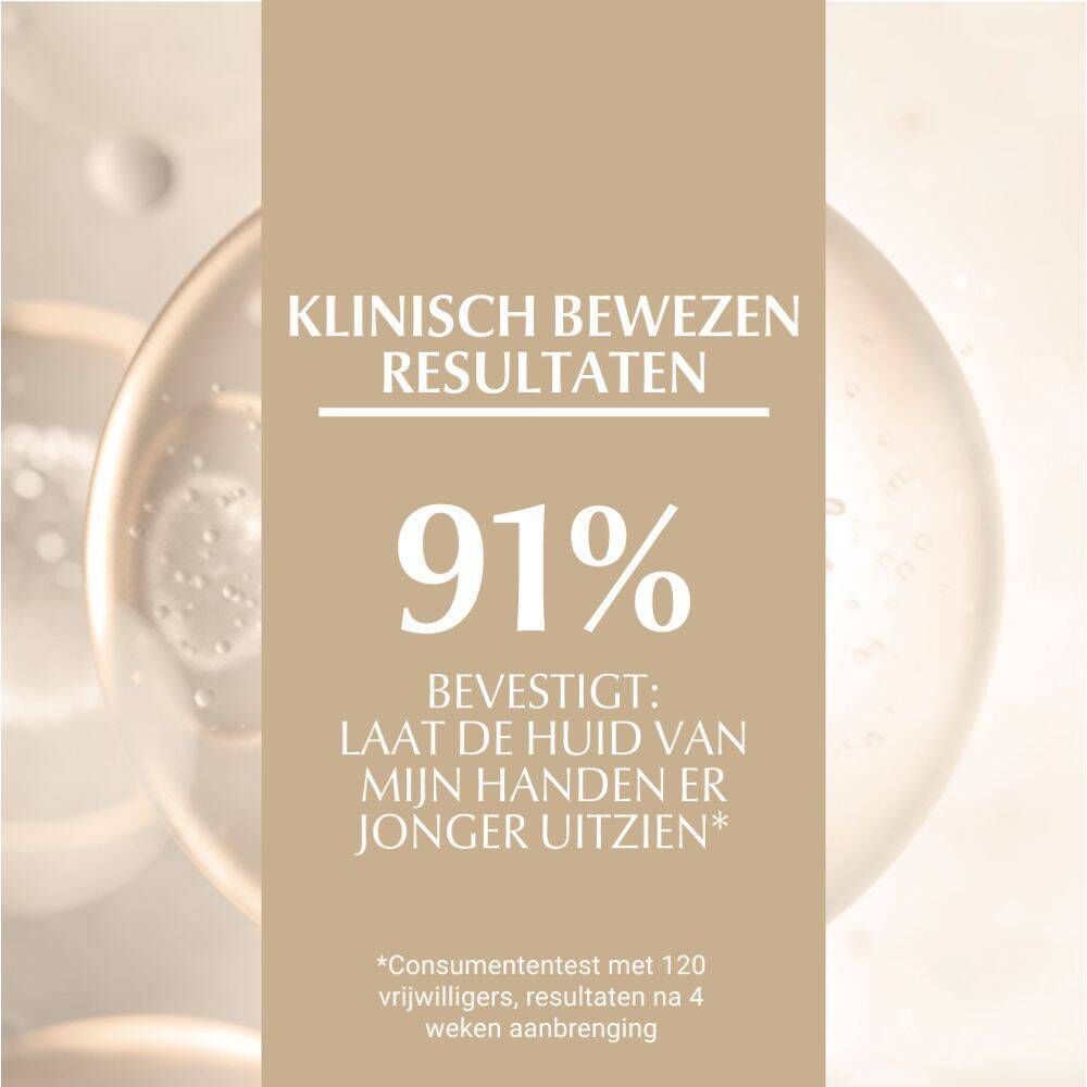 Klinisch bewezen resultaten. 91% bevestigen: handen zien er jonger uit. Tekst op beige achtergrond.