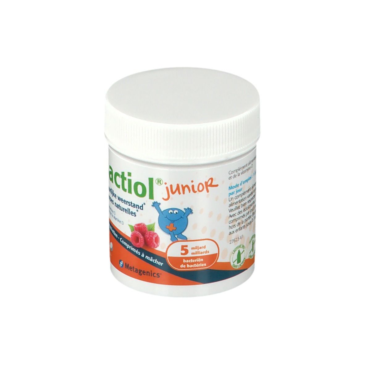 Wit cilindrisch potje met schroefdop. Etiket met productnaam, frambozen en een blauw cartoonfiguur.