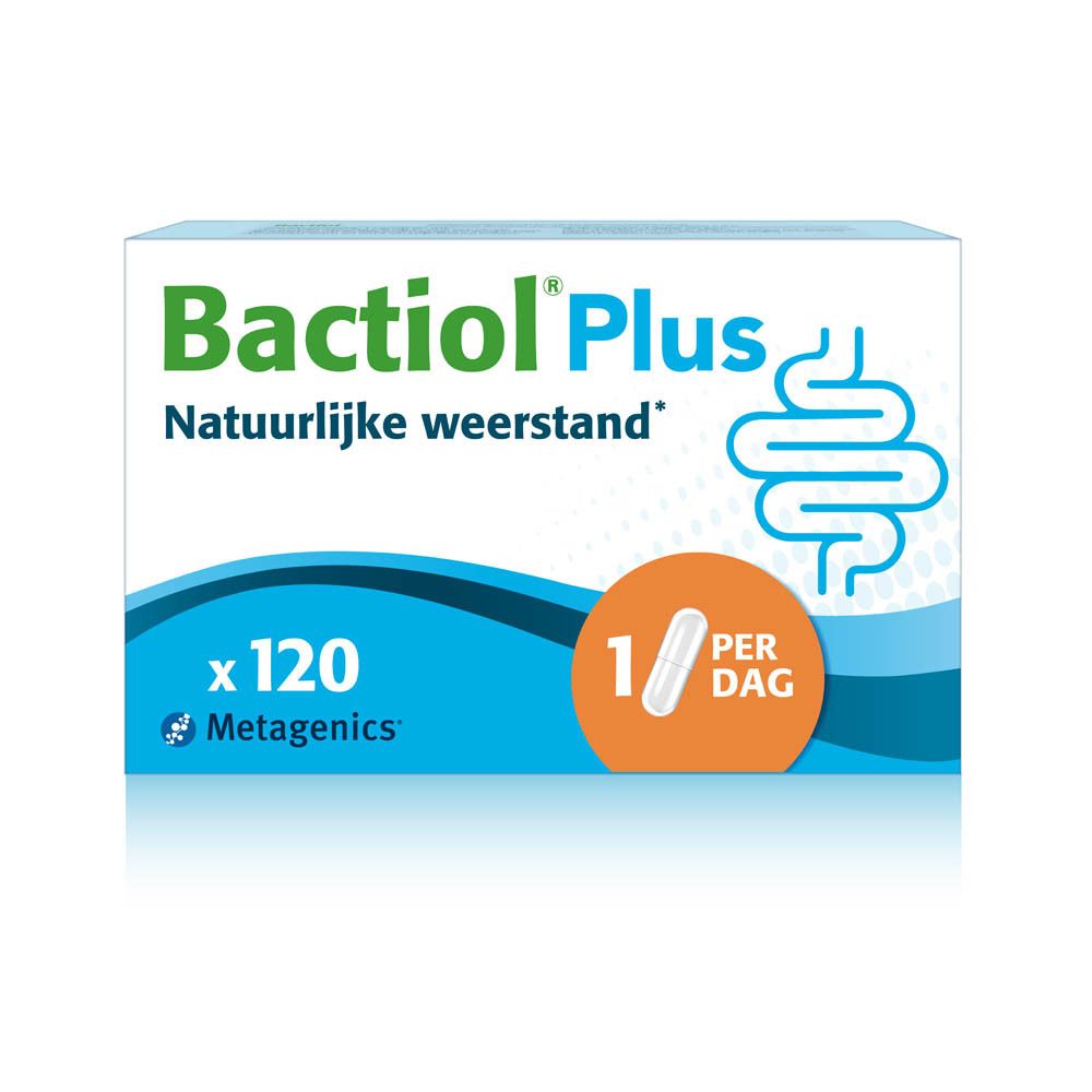 Bactiol Plus-Verpackung mit Logo und Text. Enthält 120 Kapseln. Aufschrift: 1 Kapsel pro Tag.