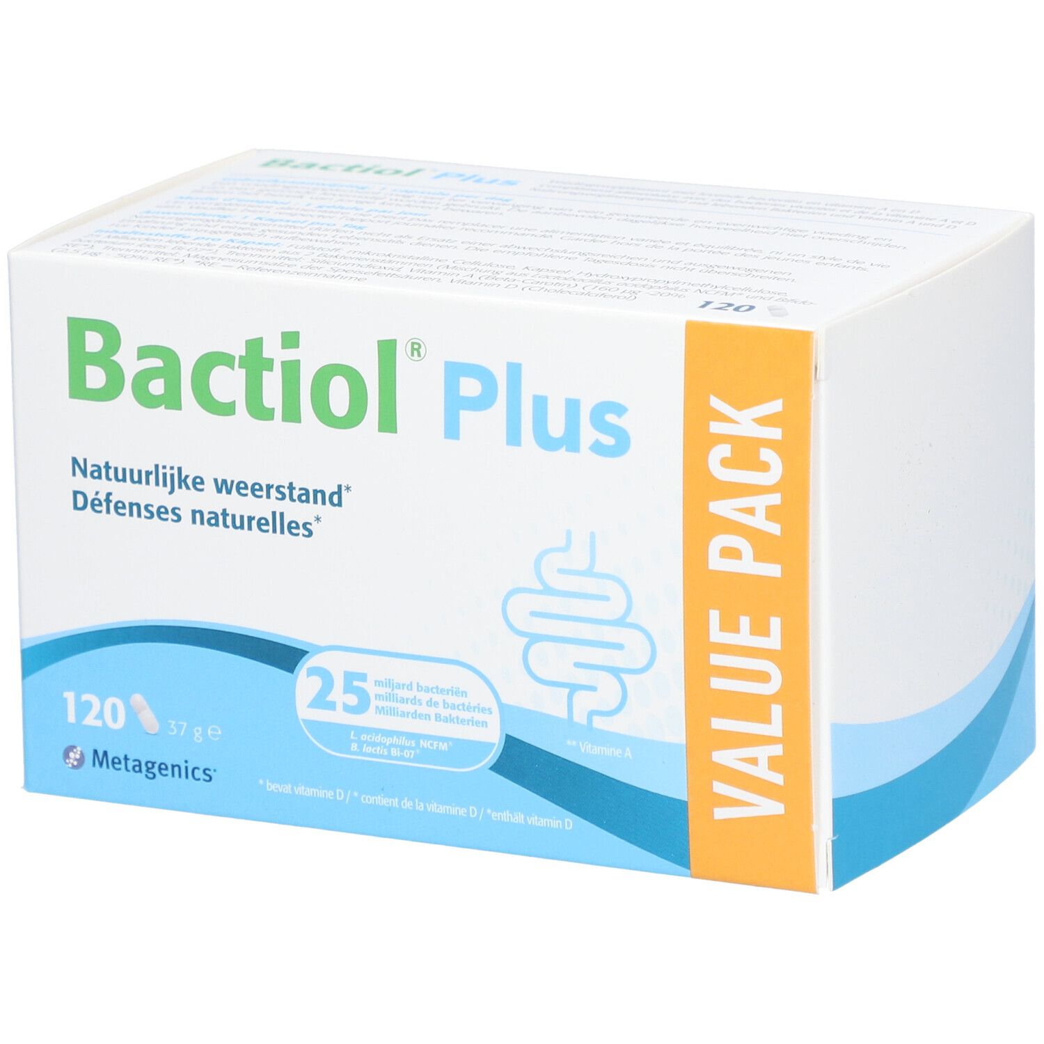 Witte doos met Bactiol Plus-logo. Bevat 120 capsules. Opschrift: Natuurlijke weerstand.