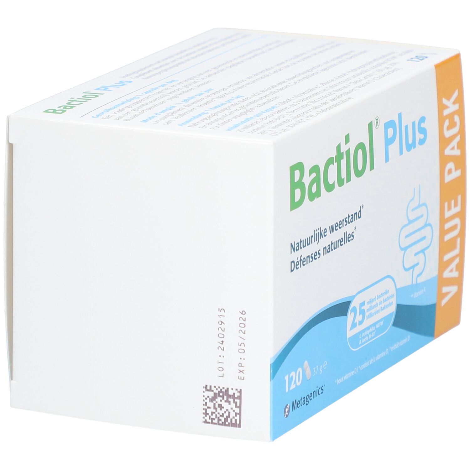 Witte doos met Bactiol Plus-logo. Bevat 120 capsules. Opschrift: Natuurlijke weerstand.