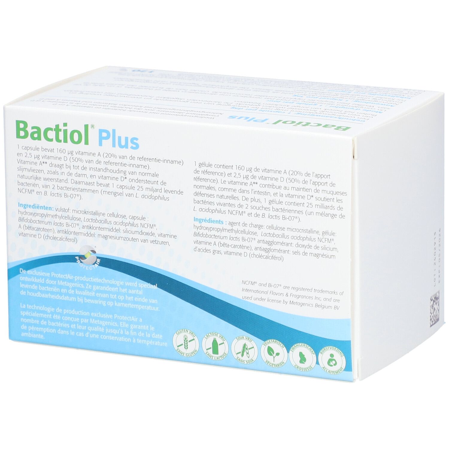 Achterkant van de Bactiol Plus-doos. Bevat informatie over ingrediënten en voedingswaarde.