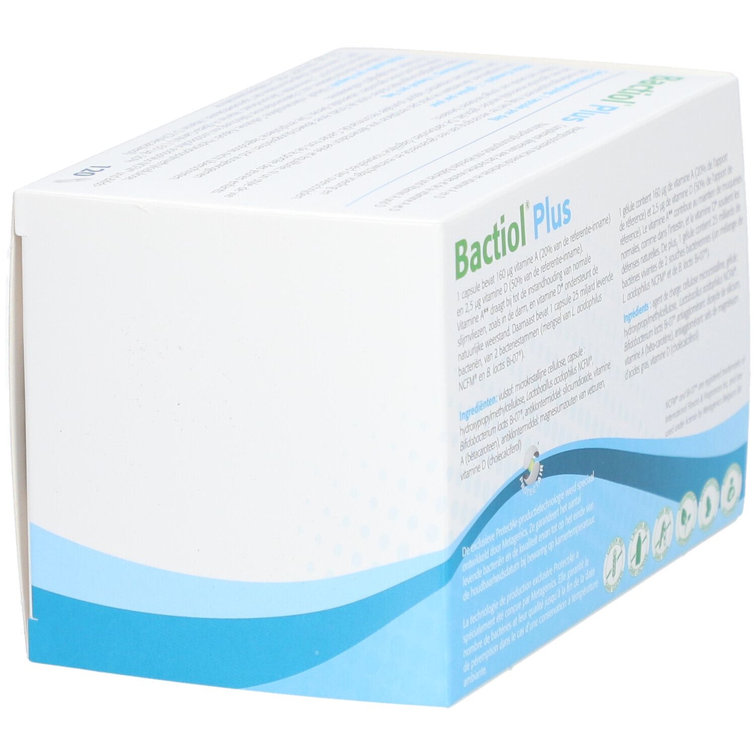 Achterkant van de Bactiol Plus-doos. Bevat informatie over ingrediënten en voedingswaarde.