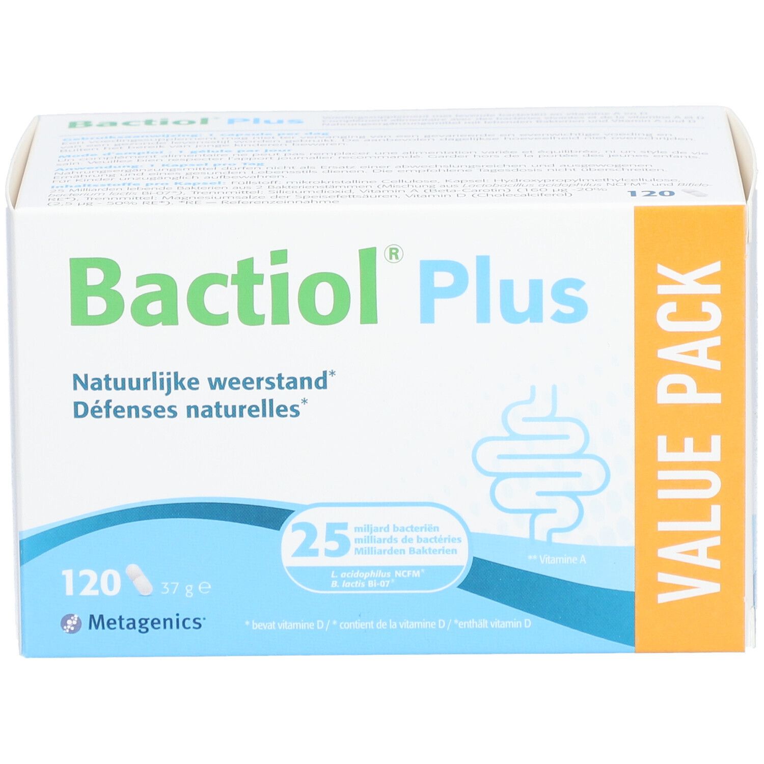 Witte doos met Bactiol Plus-logo. Bevat 120 capsules. Opschrift: Natuurlijke weerstand.
