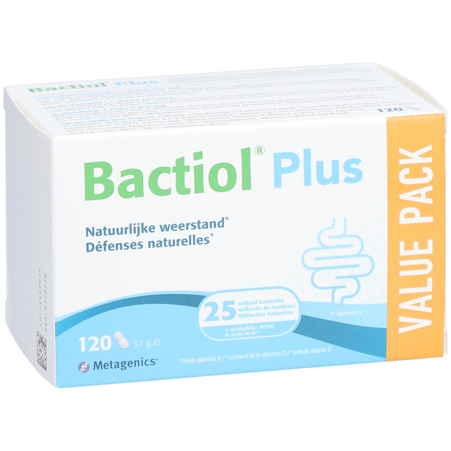 Witte doos met Bactiol Plus-logo. Bevat 120 capsules. Opschrift: Natuurlijke weerstand.