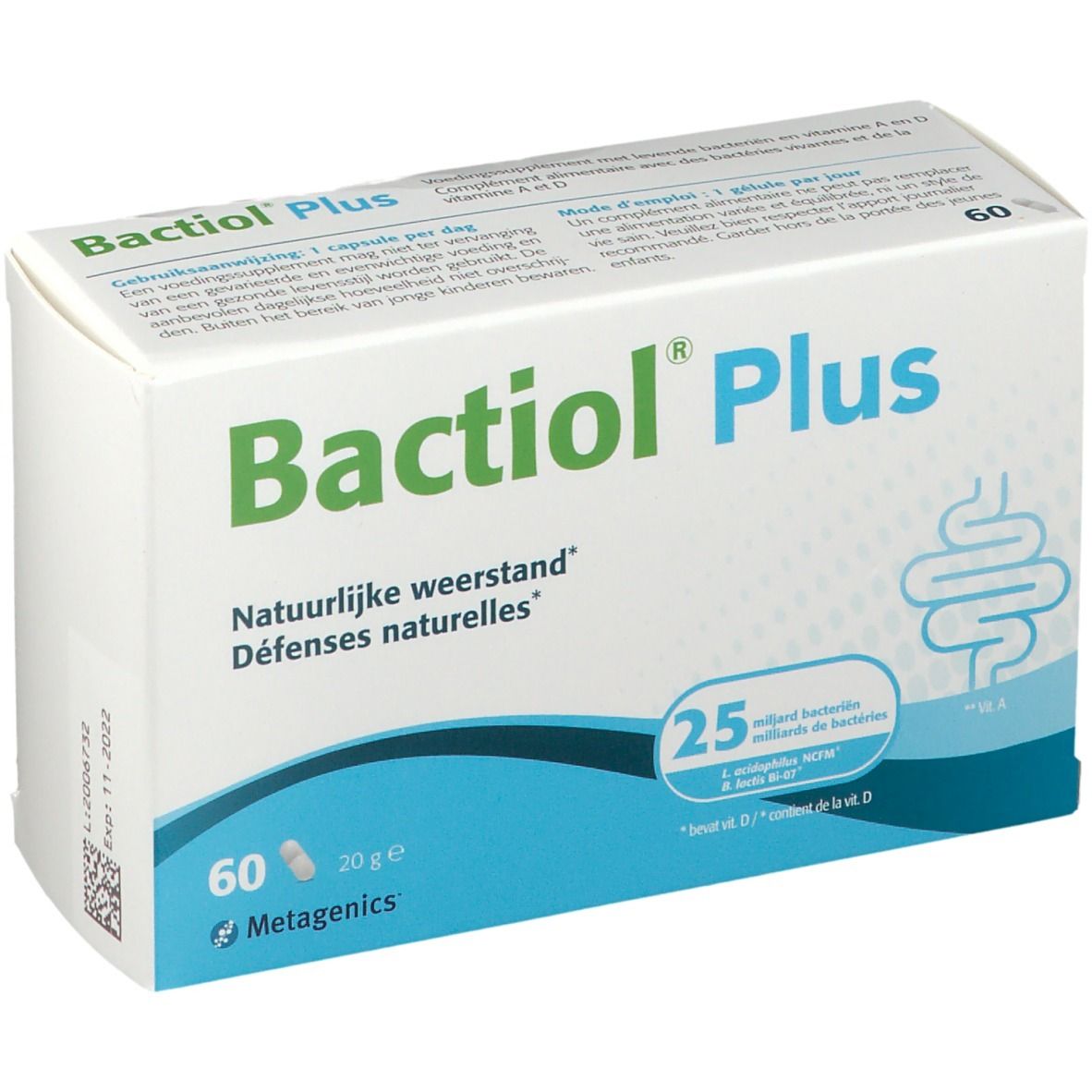 Boîte blanche Bactiol Plus. Inscription : 60 gélules, 25 milliards de bactéries. Marque : Metagenics.
