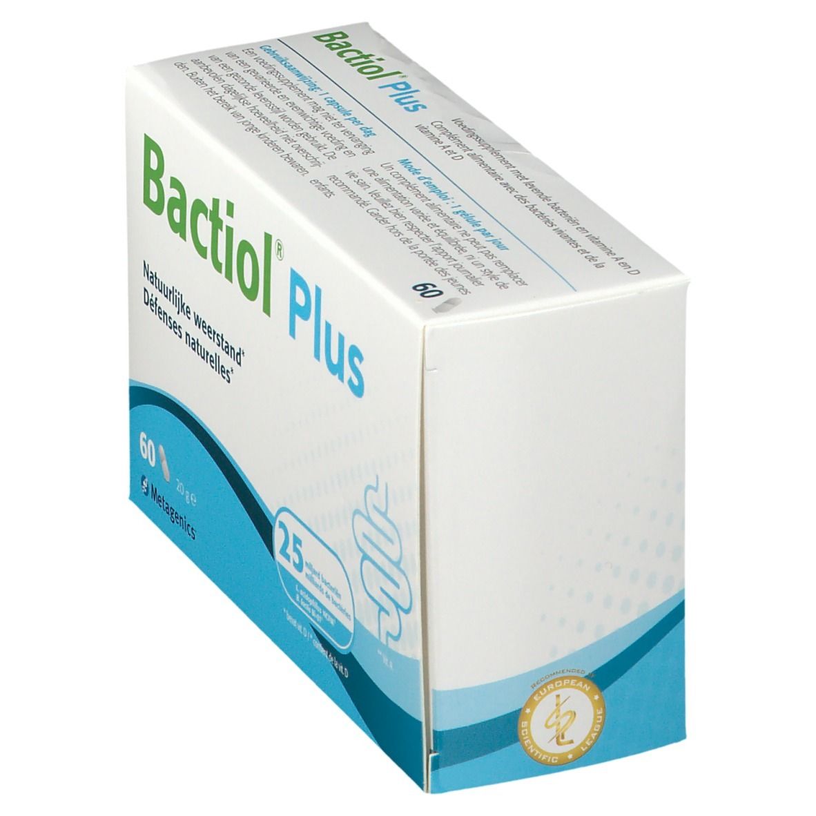 Boîte Bactiol Plus blanche en biais. Inscription : 60 gélules. Marque : Metagenics. Fond bleu.