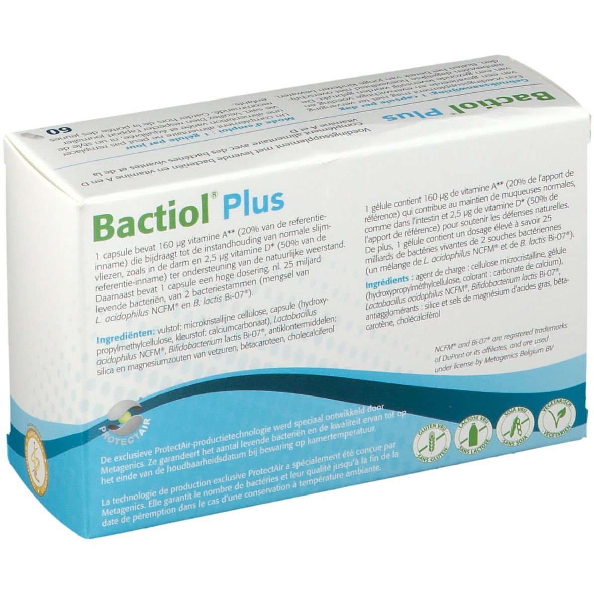 Dos de la boîte Bactiol Plus. Texte en français. Ingrédients et informations nutritionnelles. Marque : Metagenics.