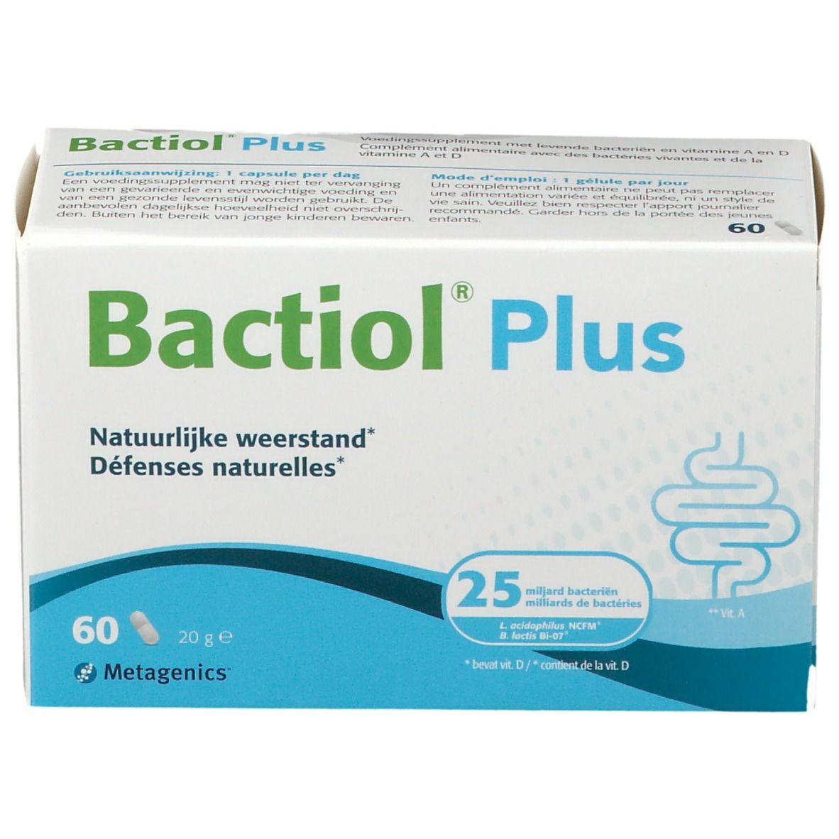 Boîte blanche Bactiol Plus. Inscription : 60 gélules, 25 milliards de bactéries. Marque : Metagenics. Fond bleu.