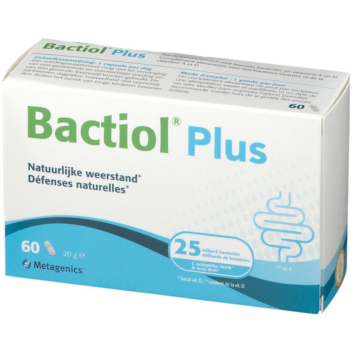 Boîte blanche Bactiol Plus. Inscription : 60 gélules, 25 milliards de bactéries. Marque : Metagenics. Fond bleu.