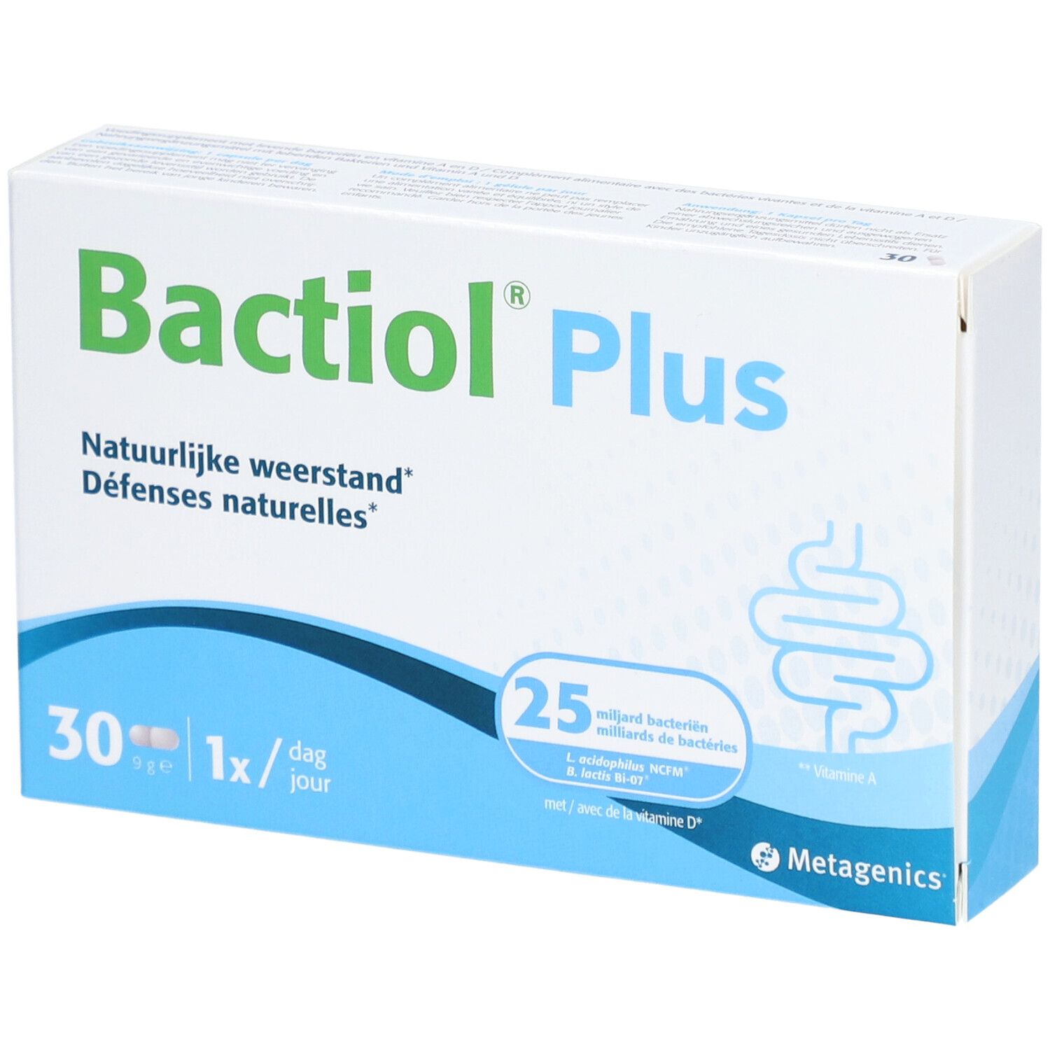 Boîte de Bactiol Plus. 30 gélules, 1 par jour. Marque Metagenics.