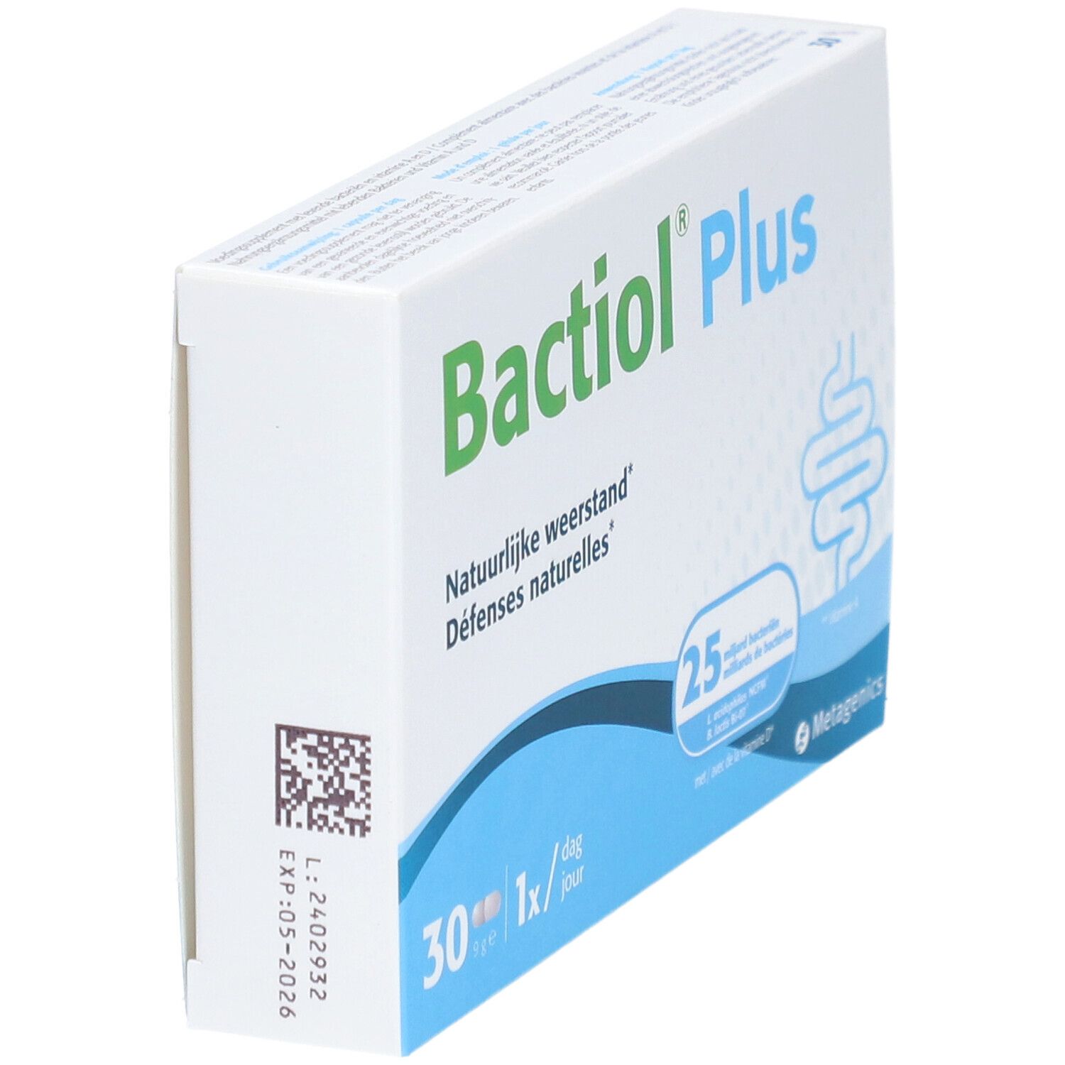 Boîte Bactiol Plus, vue latérale. 30 gélules, 1 par jour. Metagenics.