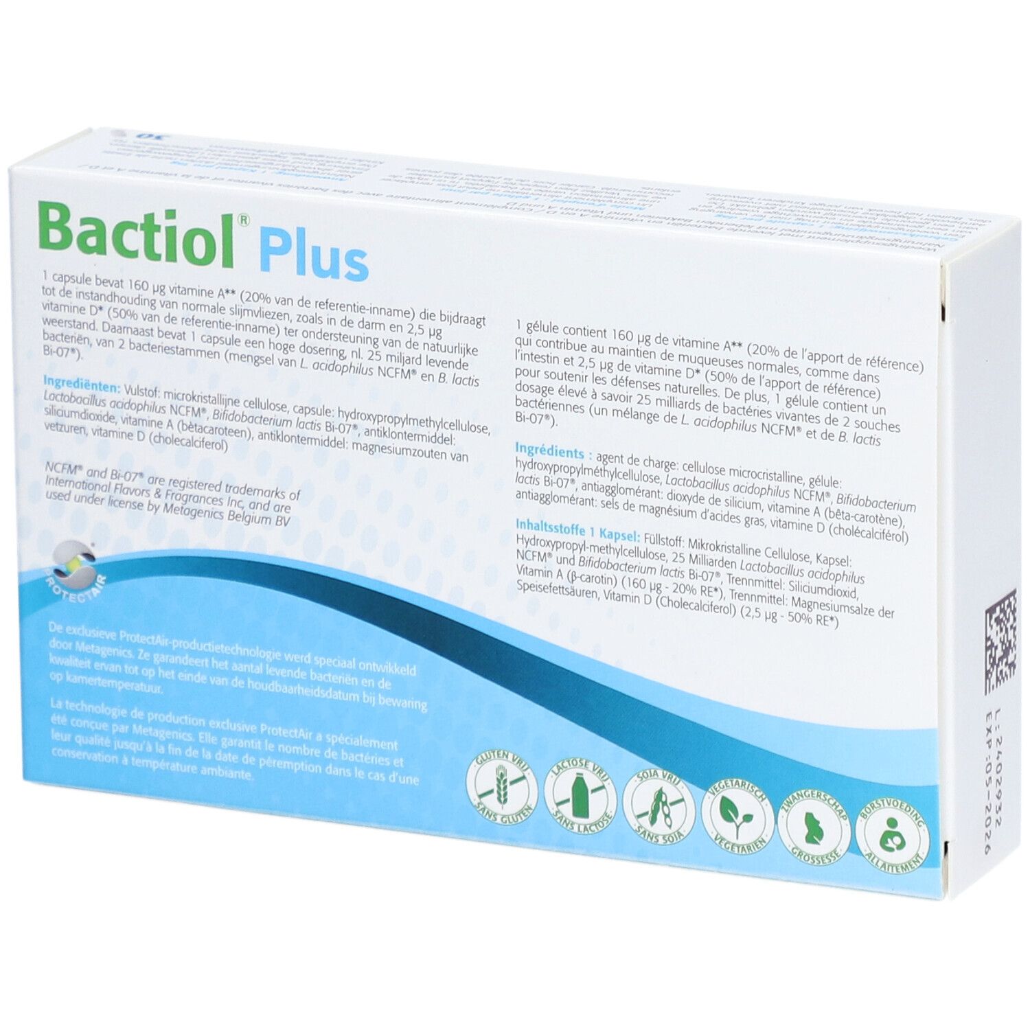 Dos de la boîte Bactiol Plus. Ingrédients et informations nutritionnelles.