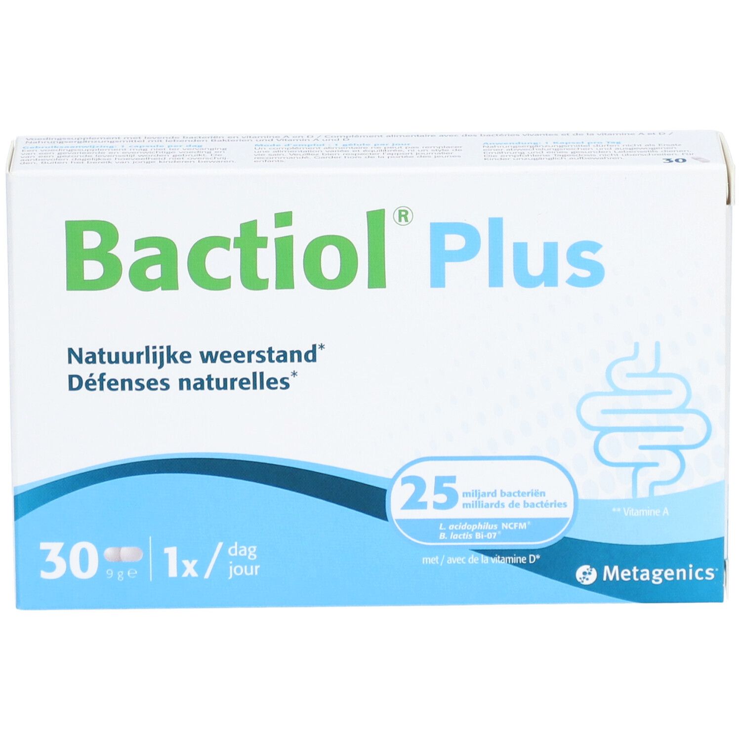Boîte Bactiol Plus. 30 gélules, 1 par jour. Marque Metagenics.