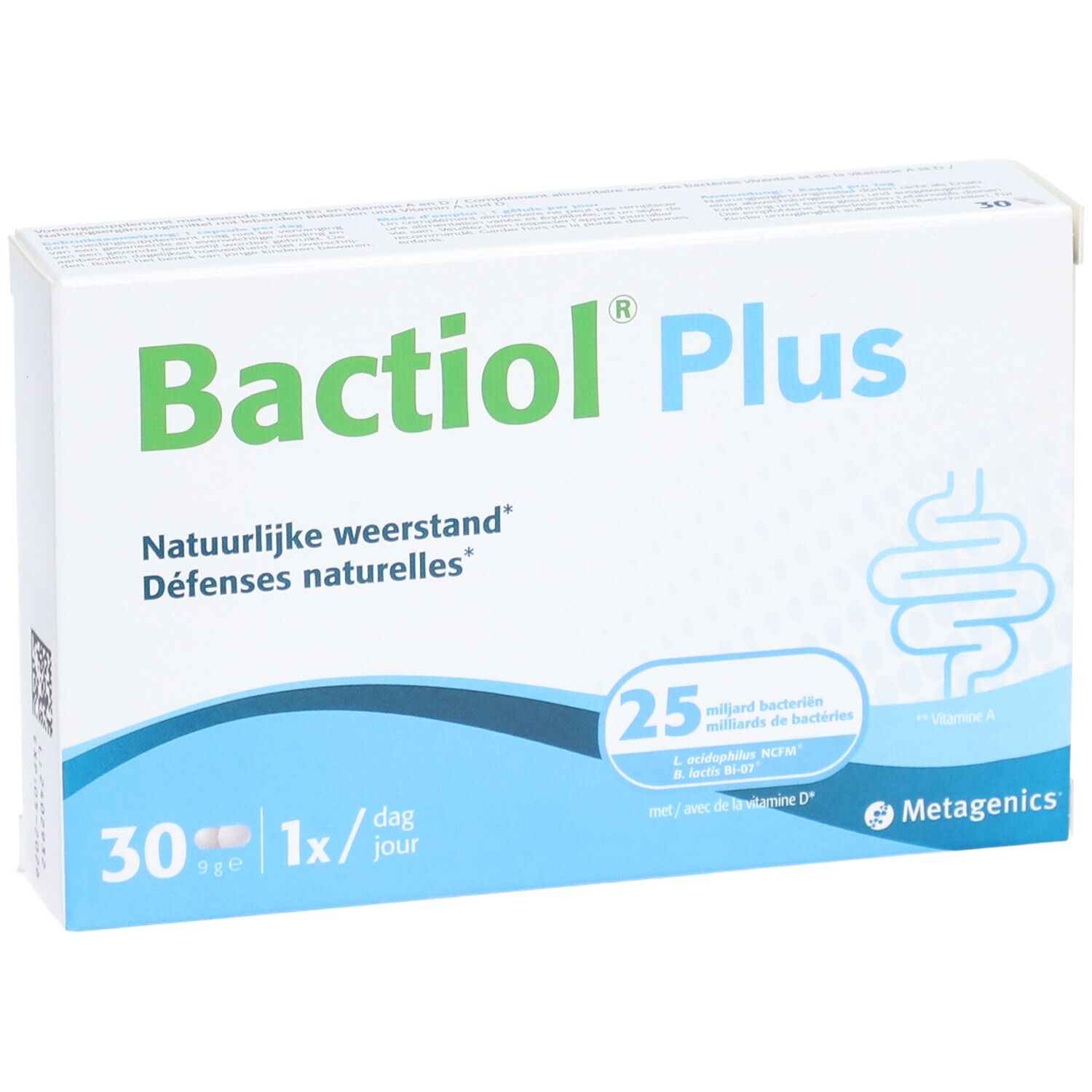 Boîte Bactiol Plus. 30 gélules, 1 par jour. Marque Metagenics.
