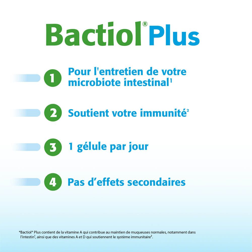 Infographie : 4 avantages de Bactiol Plus. Texte en français.