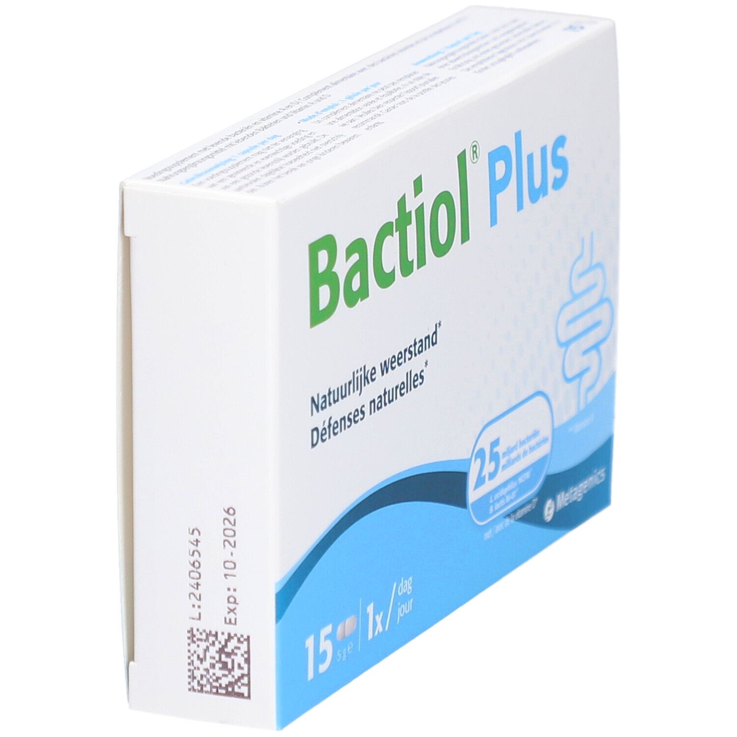 Bactiol Plus-verpakking. 15 capsules, 1 per dag. Merk Metagenics. Natuurlijke weerstand.
