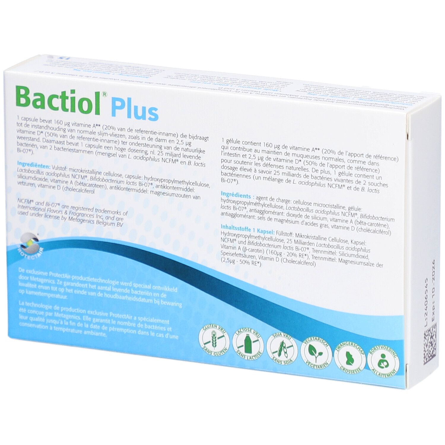 Achterkant Bactiol Plus-verpakking. Ingrediënten en voedingswaarde. Merk Metagenics.