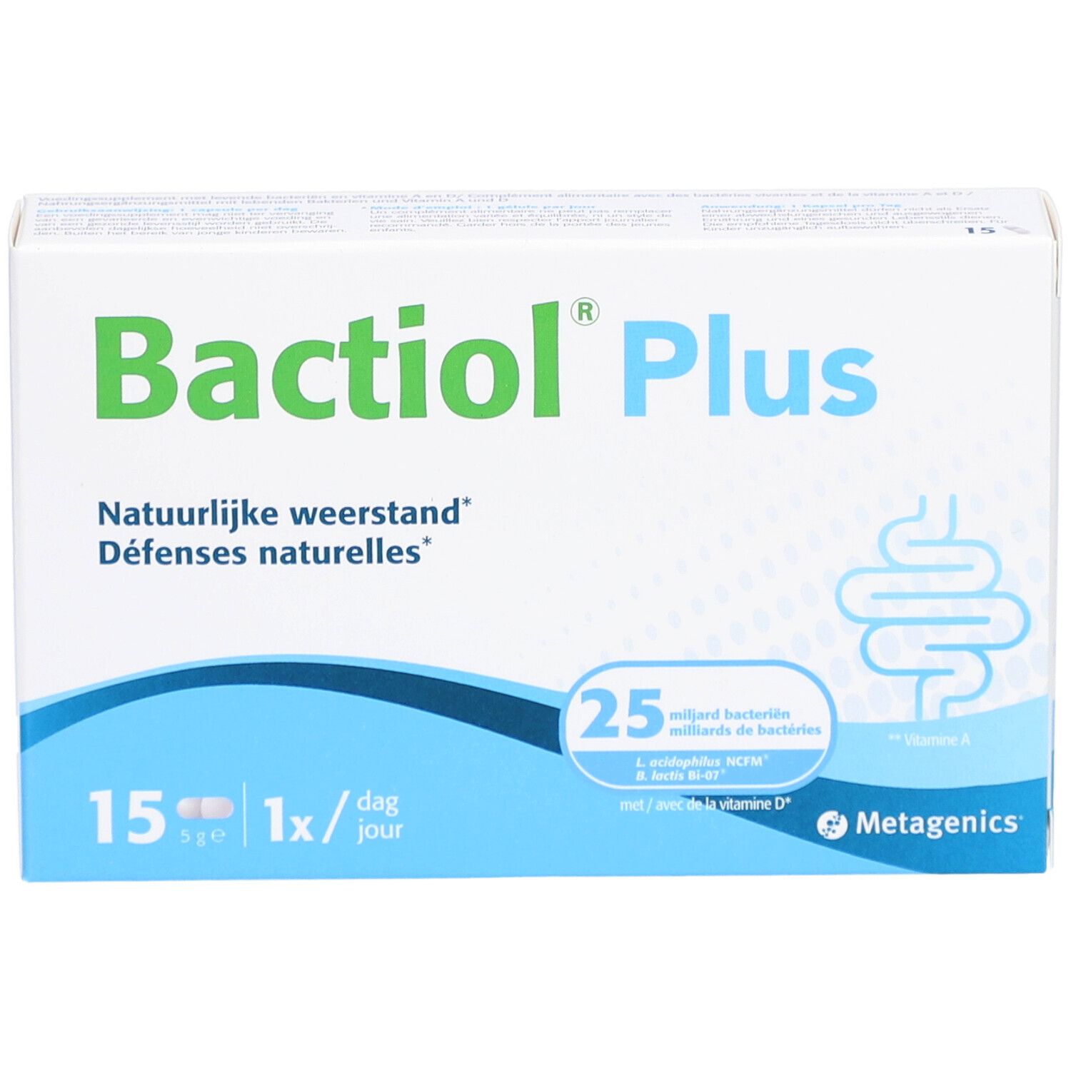 Bactiol Plus-verpakking. 15 capsules, 1 per dag. Merk Metagenics. Natuurlijke weerstand.