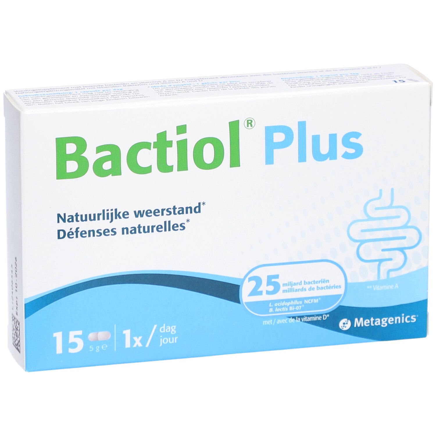 Bactiol Plus-verpakking. 15 capsules, 1 per dag. Merk Metagenics. Natuurlijke weerstand.