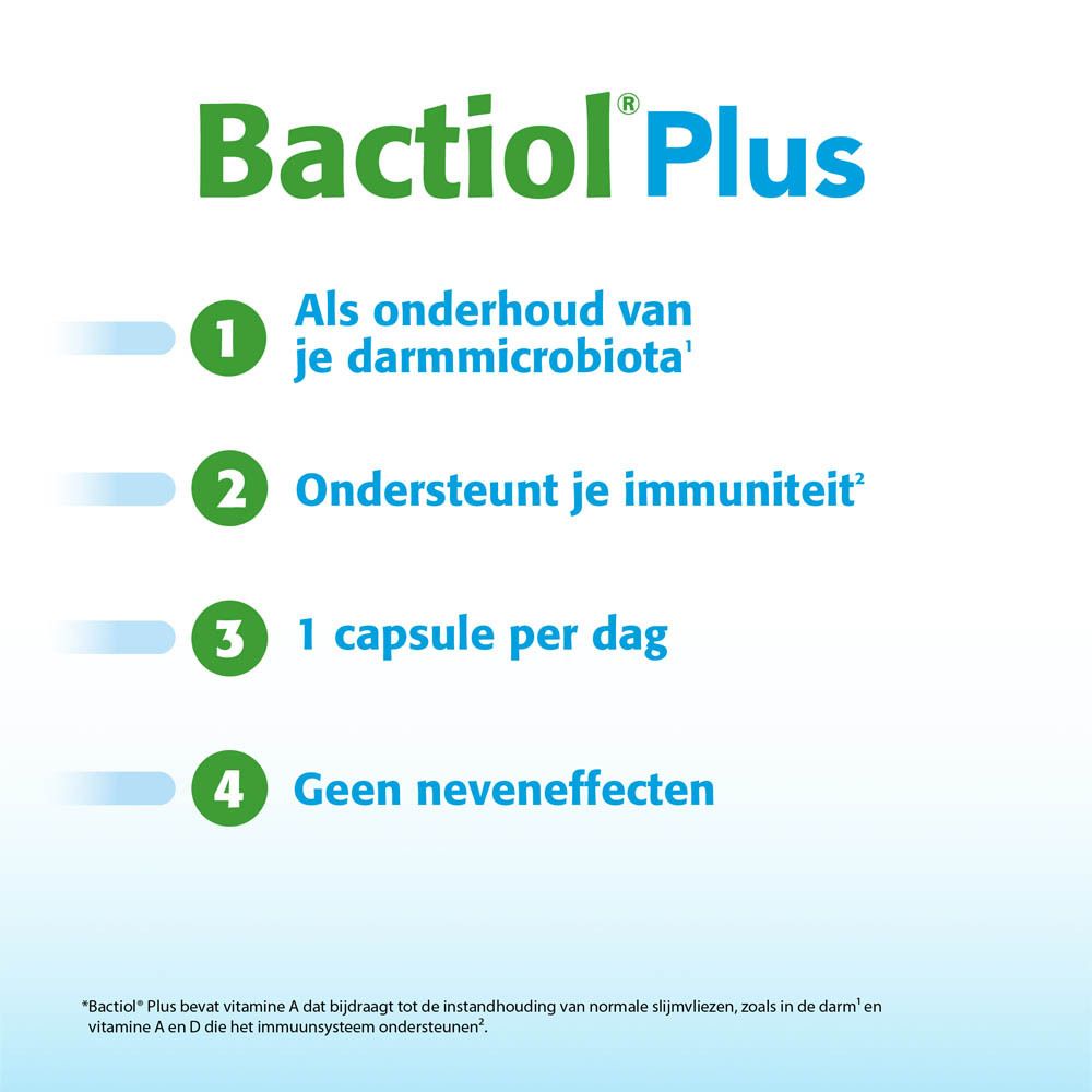 Bactiol Plus-informatie. 4 voordelen: darmmicrobiota, immuniteit, 1 capsule/dag, geen bijwerkingen.
