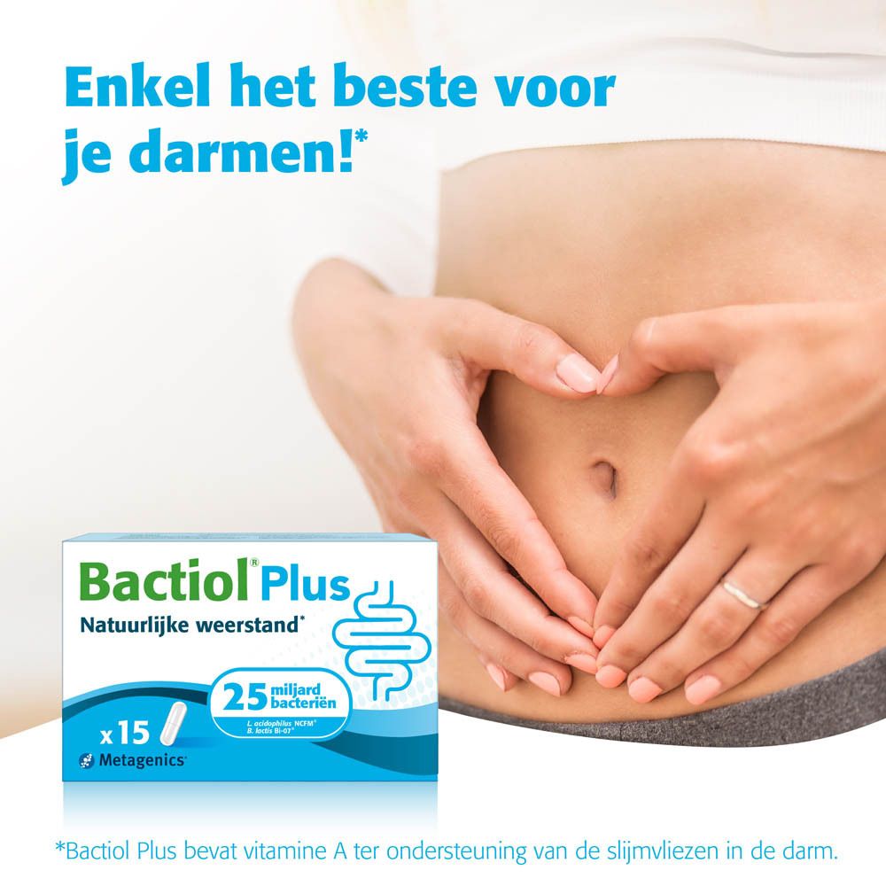 Bactiol Plus-verpakking en vrouw die buik vasthoudt. Tekst: Het beste voor je darmen.
