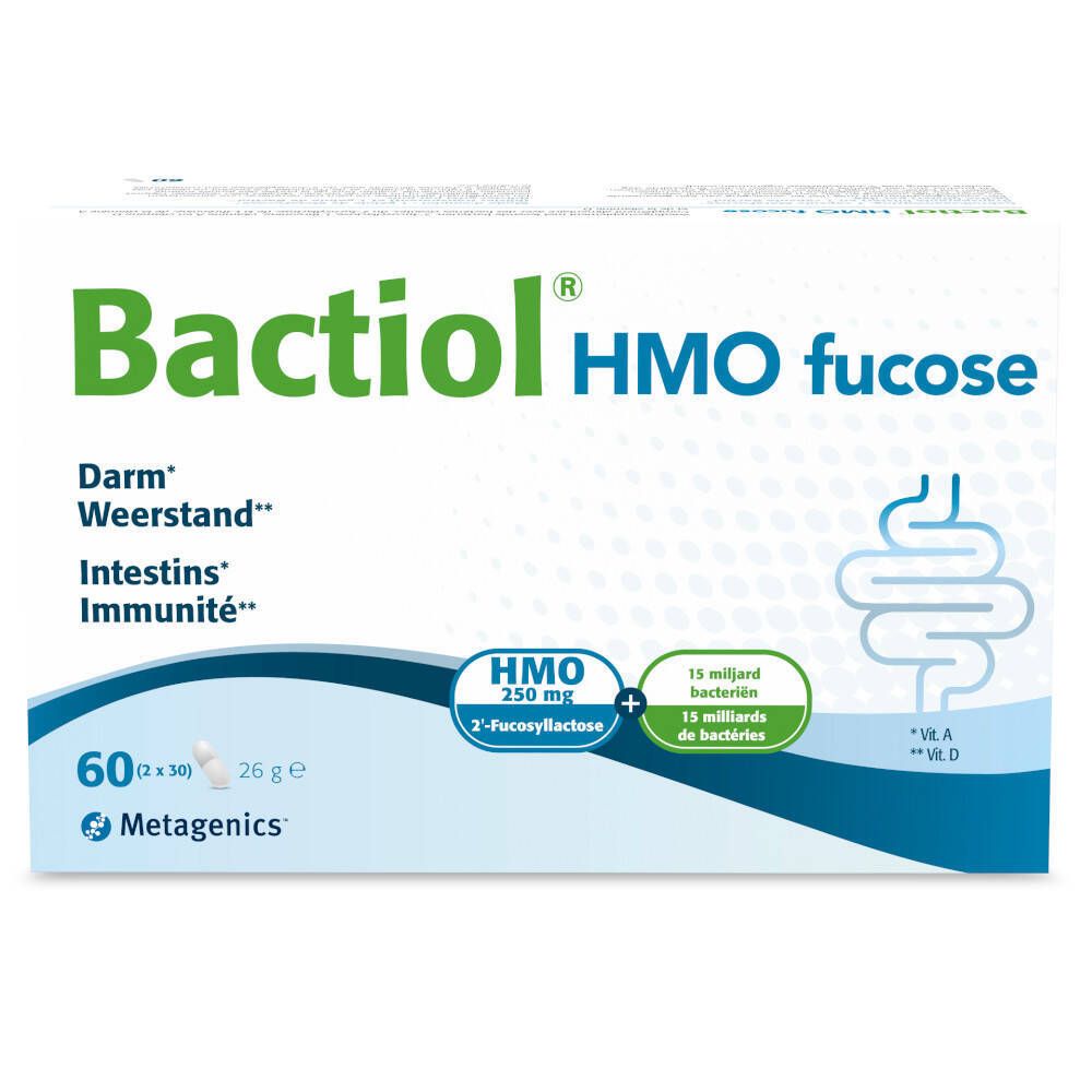 Witte verpakking Bactiol HMO fucose. Opschrift: Darm, Weerstand, Intestins, Immunité. Bevat 60 capsules, 26g. Logo Metagenics.