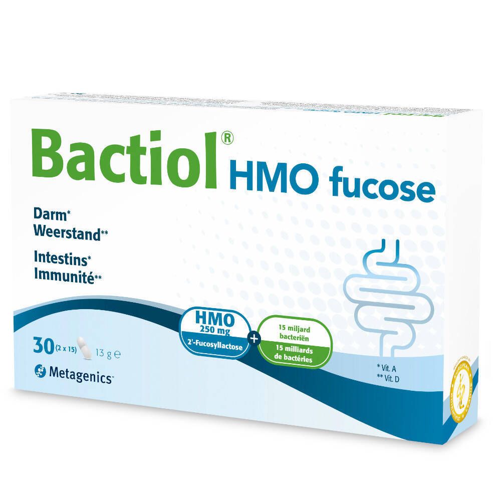 Weiße Schachtel mit Bactiol HMO fucose-Logo. Enthält 30 Kapseln. Text: Darm, Weerstand, Intestins, Immunität. Metagenics-Logo.