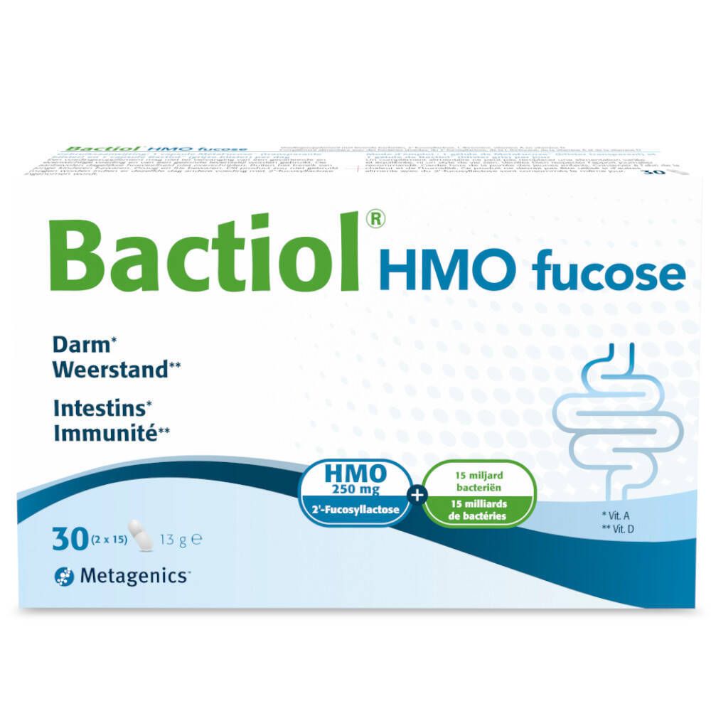 Weiße Schachtel mit Bactiol HMO fucose-Logo. Enthält 30 Kapseln. Text: Darm, Weerstand, Intestins, Immunität. Metagenics-Logo.