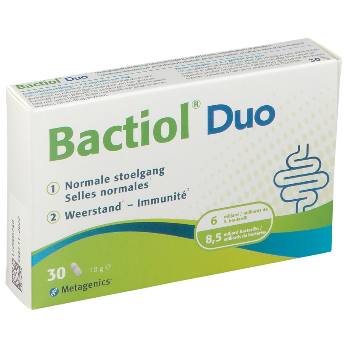 Doosje Bactiol Duo. Opschrift: 30 capsules, 18 g. Metagenics logo. Groen-witte verpakking.