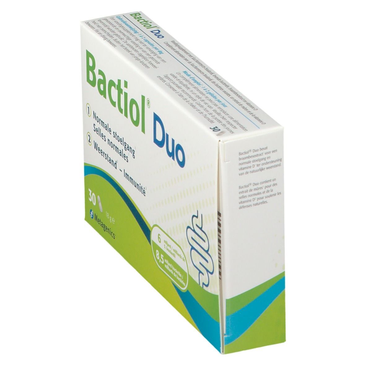 Doosje Bactiol Duo, schuin. Opschrift: 30 capsules. Metagenics logo. Groen-witte verpakking.