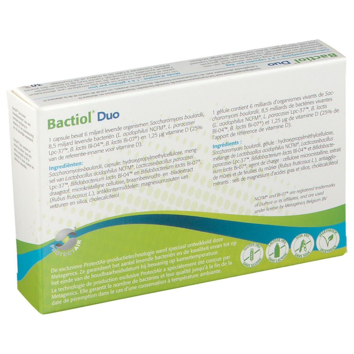 Achterkant Bactiol Duo verpakking. Tekst in het Nederlands. Ingrediëntenlijst. Logo's.