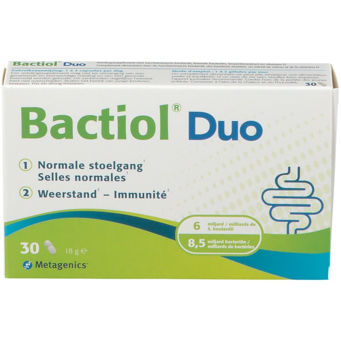 Bactiol Duo verpakking. Opschrift: 30 capsules. Metagenics logo. Groen-witte verpakking.