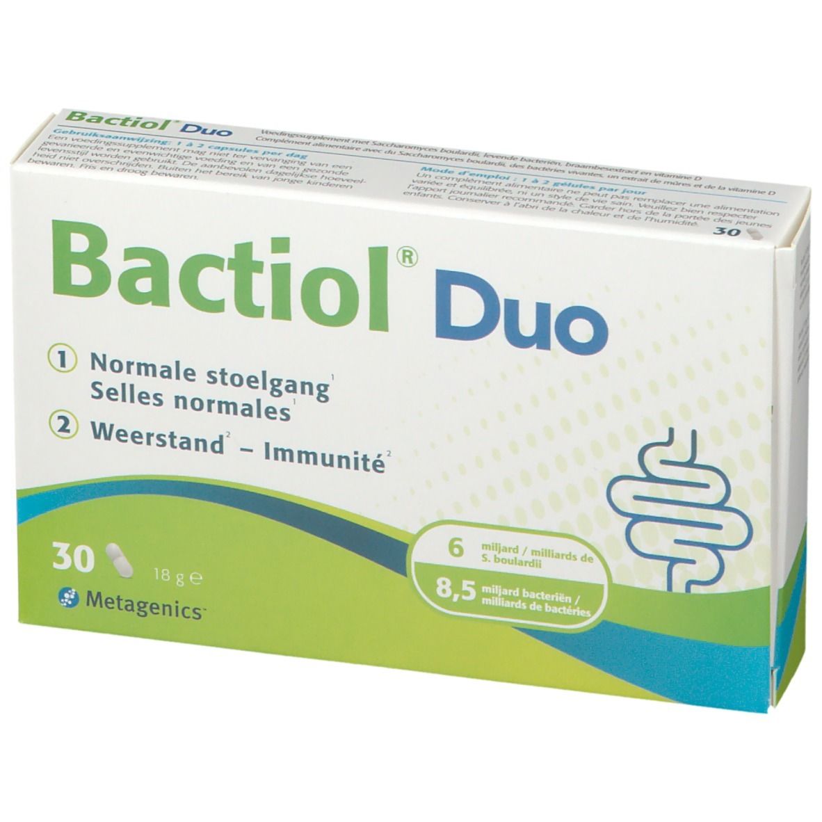 Bactiol Duo verpakking. Opschrift: 30 capsules. Metagenics logo. Groen-witte verpakking.