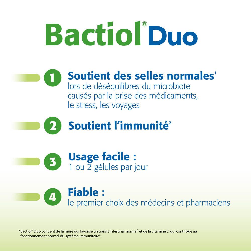 Informations Bactiol Duo. 1. Soutien des selles normales. 2. Soutien de l'immunité. 3. Utilisation facile. 4. Fiable.