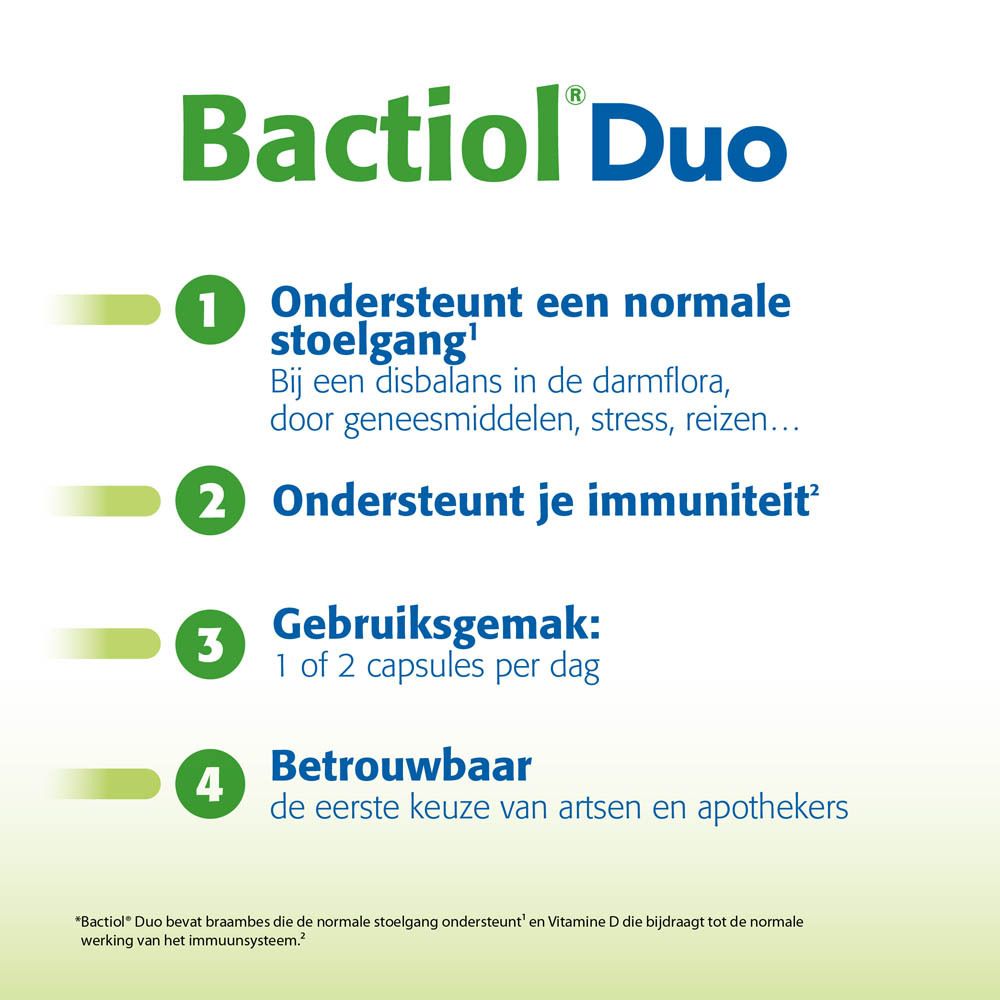 Bactiol Duo informatie. 1. Ondersteunt een normale stoelgang. 2. Ondersteunt je immuniteit. 3. Gebruiksgemak. 4. Betrouwbaar.