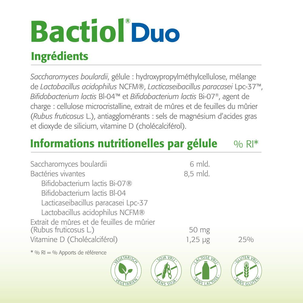 Liste des ingrédients Bactiol Duo. Informations nutritionnelles par capsule. Logos : Vegan, Sans gluten, Sans soja, Sans lait.