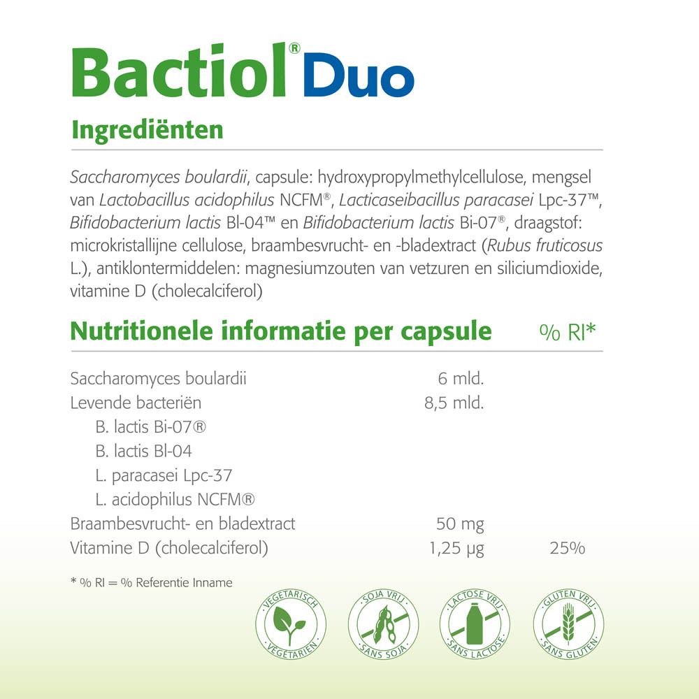 Bactiol Duo ingrediëntenlijst. Voedingswaarde per capsule. Logo's: Vegan, Glutenvrij, Zonder soja, Zonder melk.