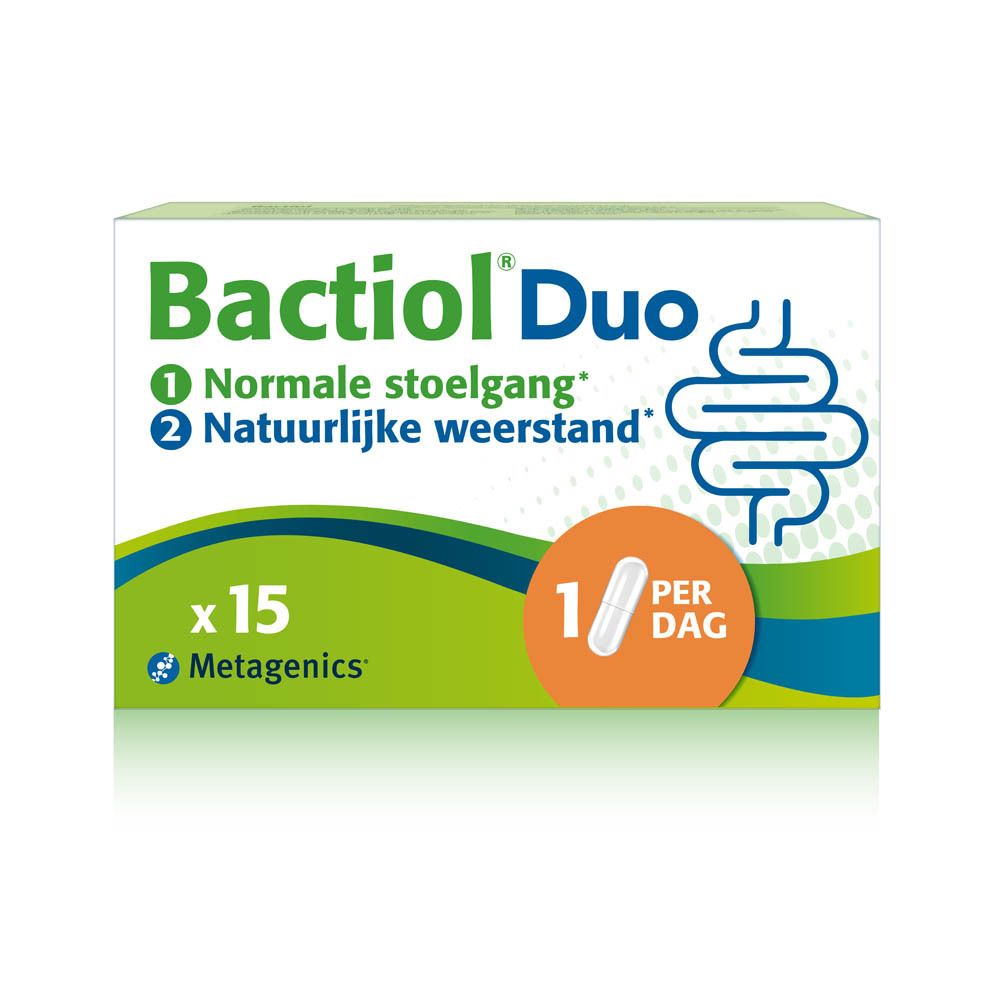 Doos Bactiol Duo. 15 capsules. Metagenics. Voor normale stoelgang en natuurlijke weerstand.