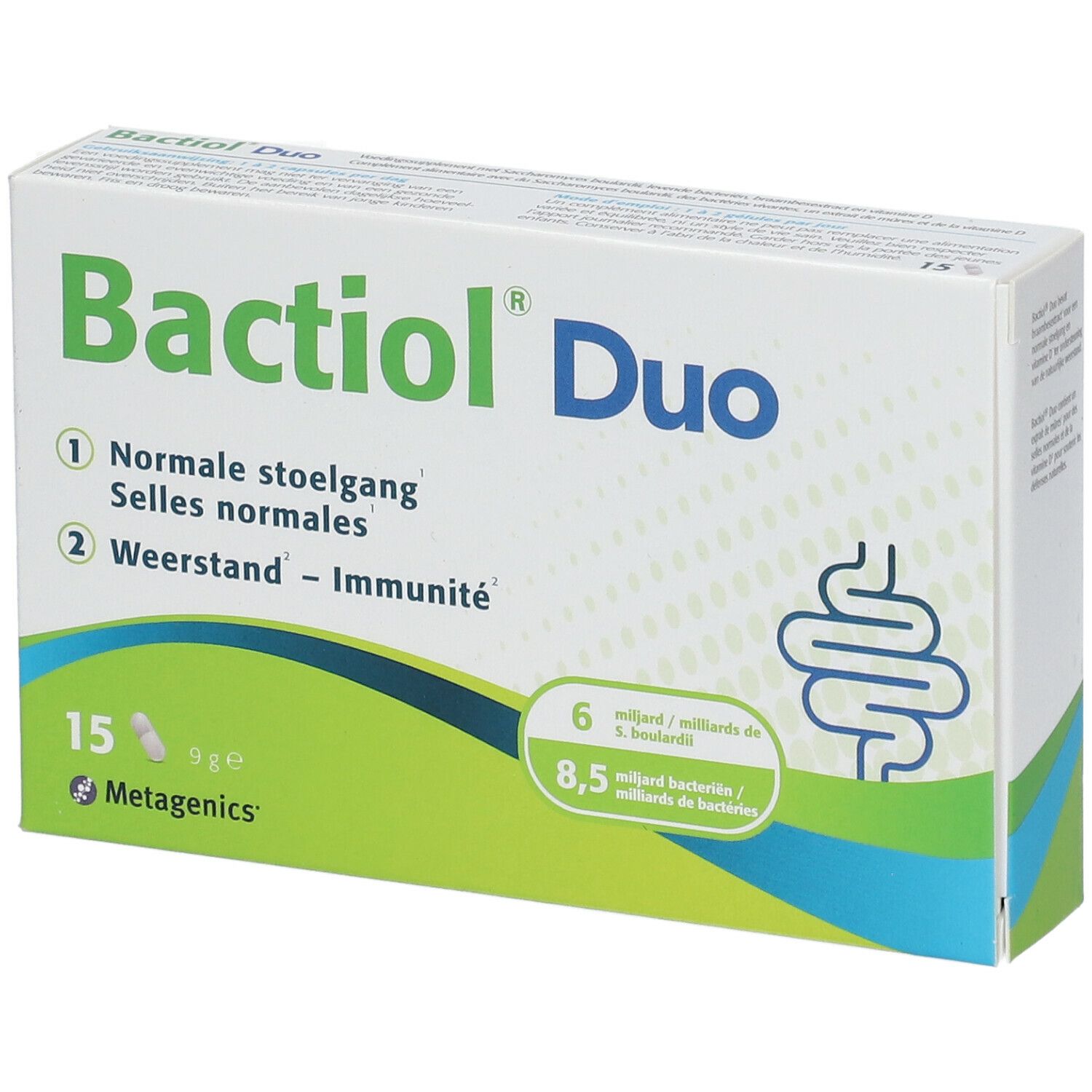 Doos Bactiol Duo. 15 capsules. Metagenics. Voor normale stoelgang en weerstand.