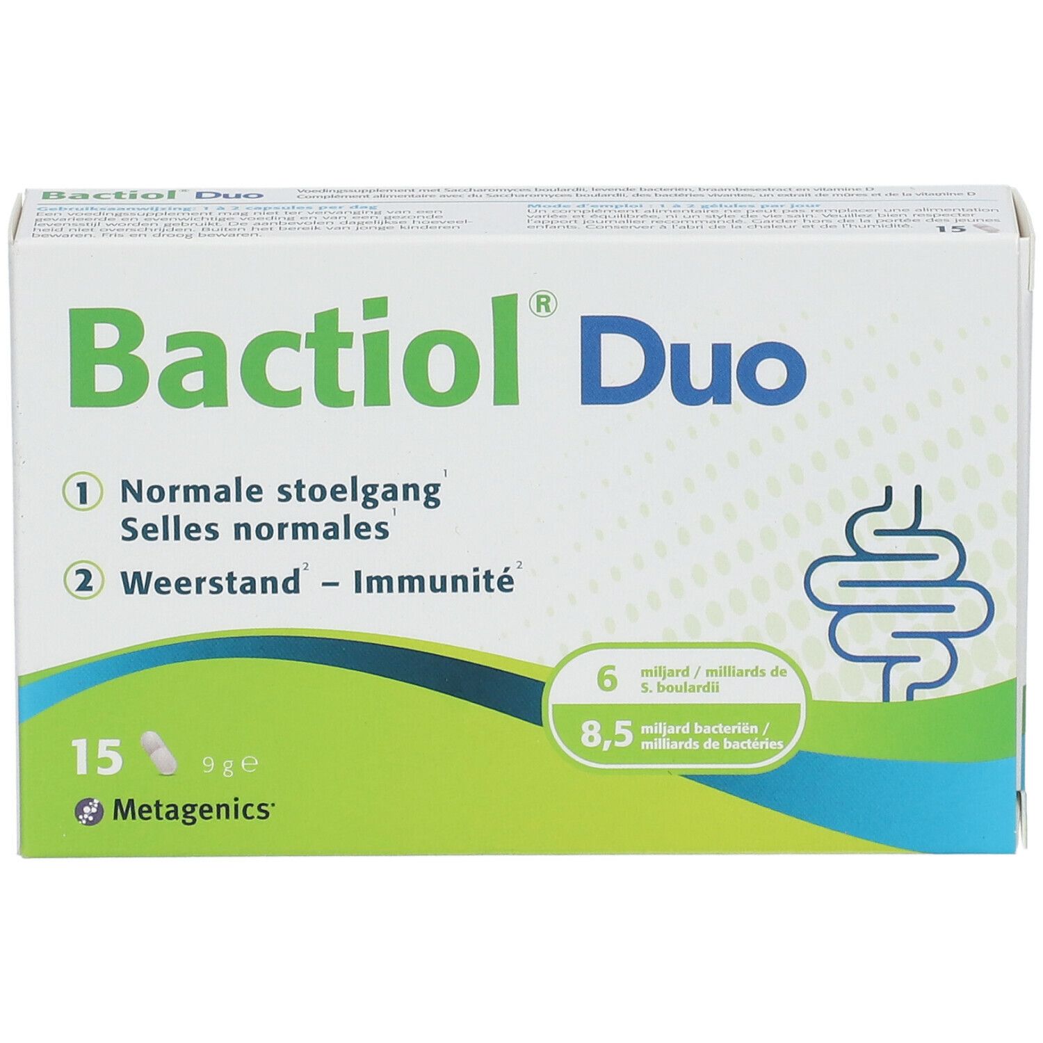 Doos Bactiol Duo. 15 capsules. Metagenics. Voor normale stoelgang en weerstand.