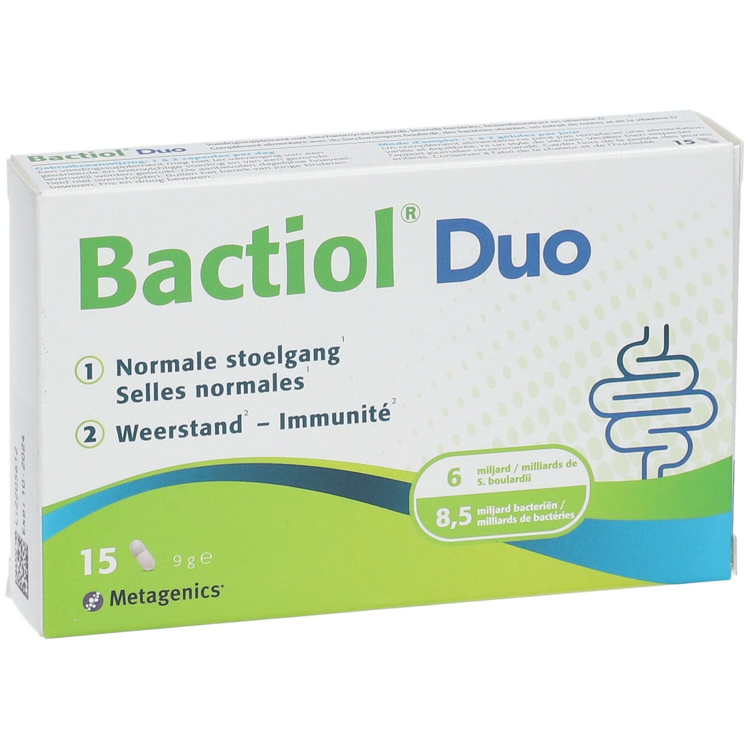 Doos Bactiol Duo. 15 capsules. Metagenics. Voor normale stoelgang en weerstand.