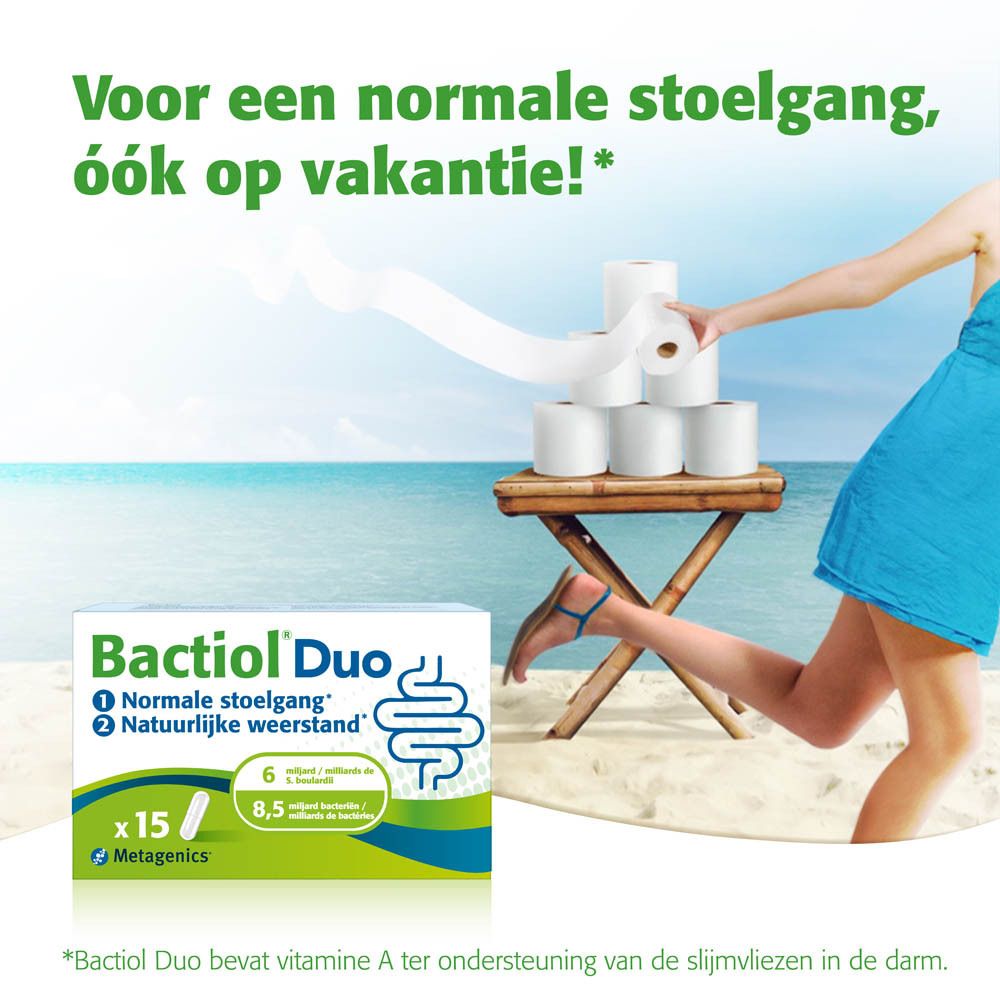 Bactiol Duo reclame. Vrouw op strand met wc-papier. Voor normale stoelgang.